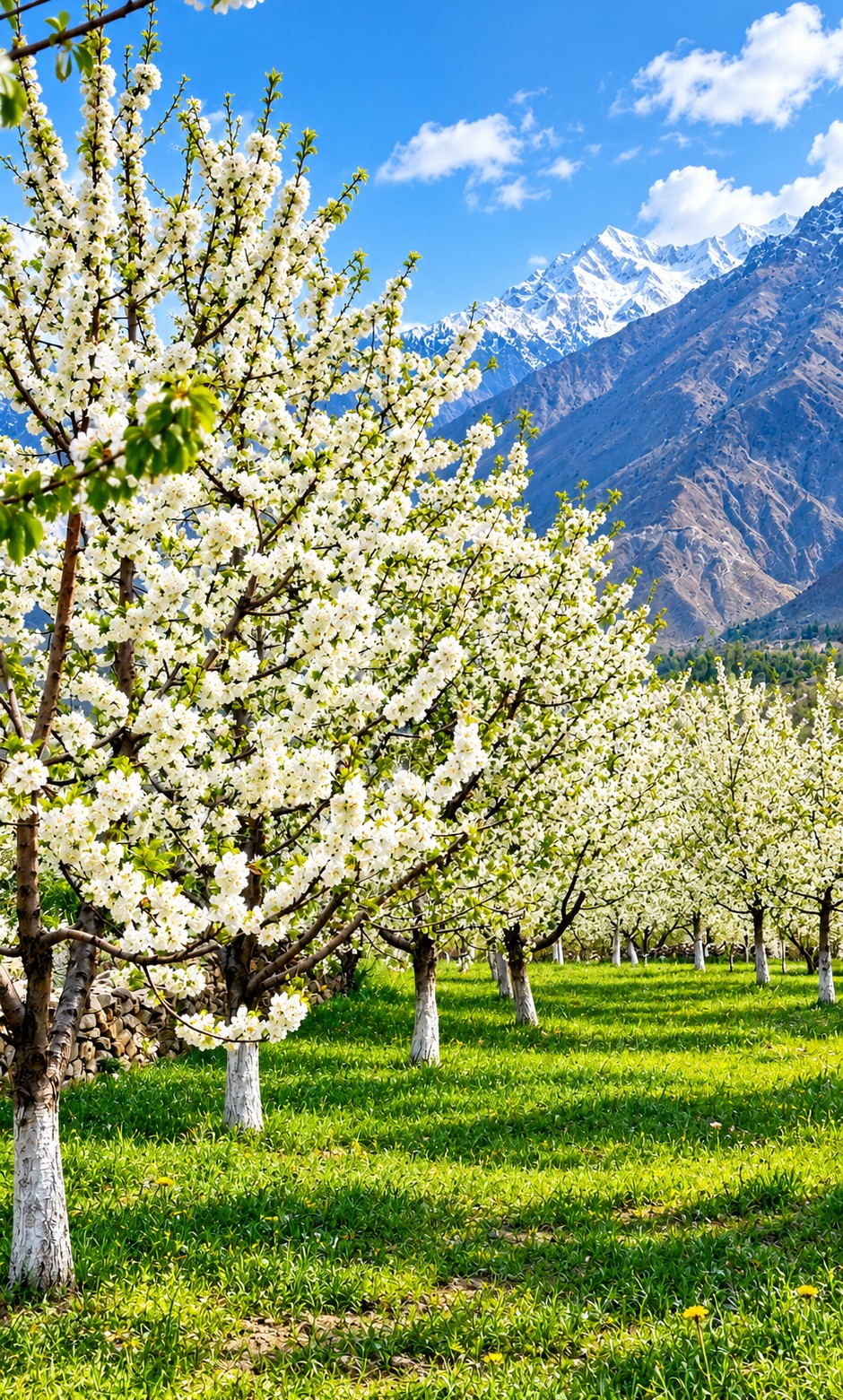 Fragrant white cherry blossoms blooming in spring on a Prunus avium tree in Gilgit-Baltistan